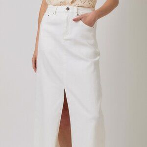 MYSTREE White Denim Maxi Skirt, Front Slit, Raw Hem
